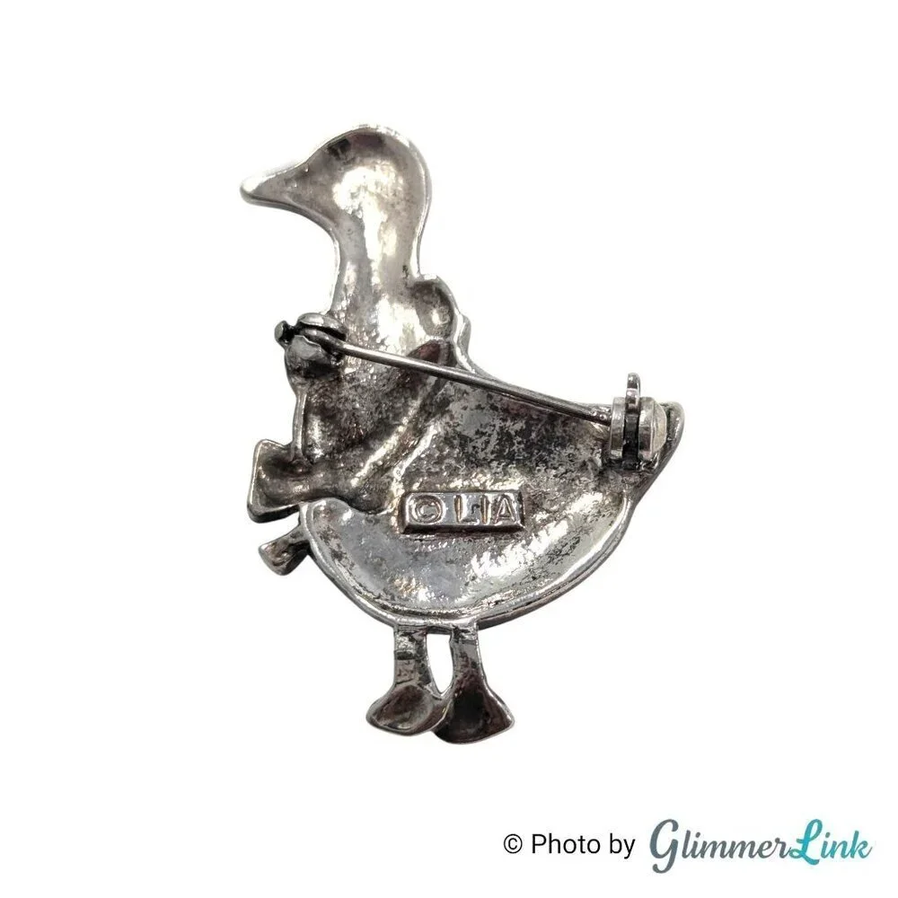 Vintage Lia Duck Brooch – White Enamel Goose Pin with Red Bow & Marcasite Accent